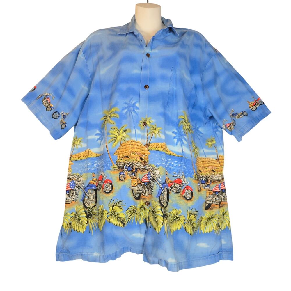 Kys Mens XL Hawaiian Shirt Blue Button Up Motorcycles Beach Vacation Palm‎ Trees